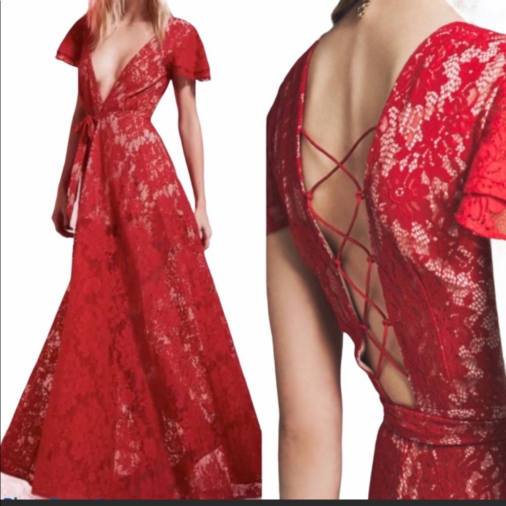 Jetset diaries red floral lace wrap maxi dress.